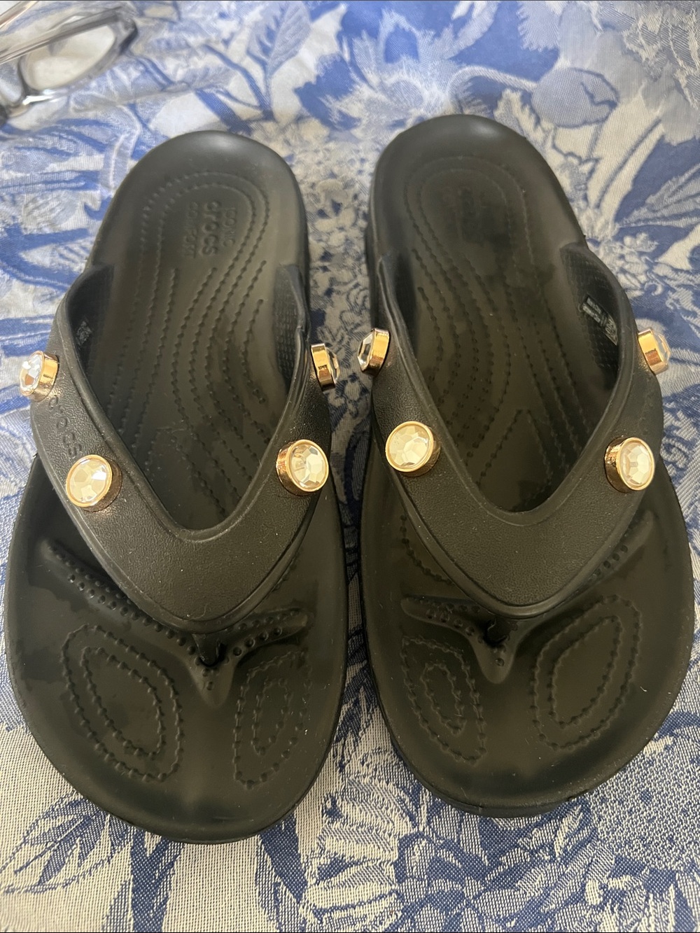 CROCS Black Flip Flop Sandals with Gold Accents